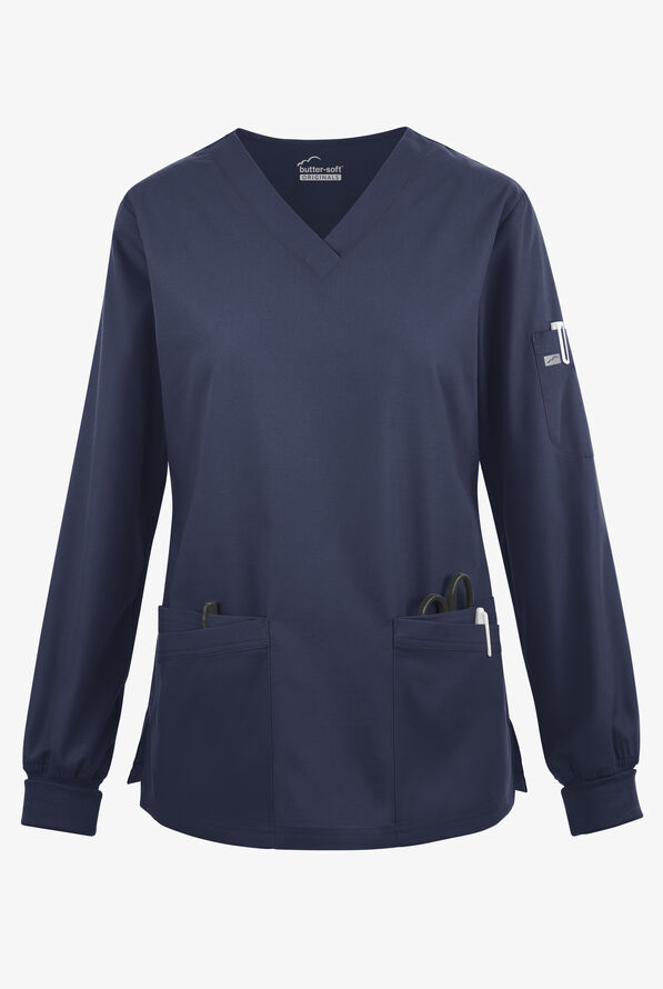 Blusa médica manga larga Butter-Soft Originals con cuello en V curvo y 7 bolsillos para mujer - Navy - 1