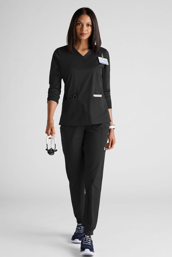 Butter-Soft STRETCH Women's 5-Pocket 3/4" Sleeve V-Neck Scrub Top - Black - 3