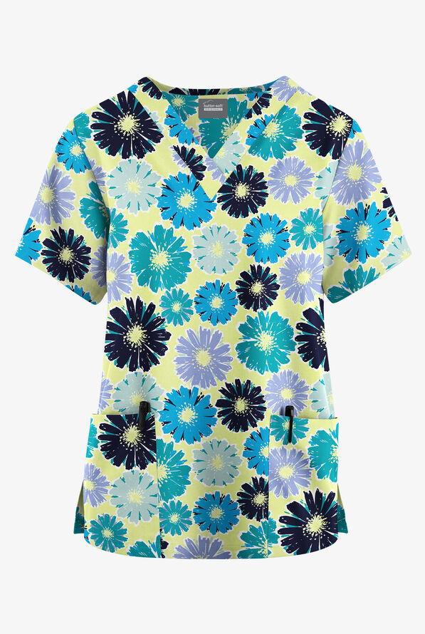 Blusa médica estampada Butter-Soft Originals Daisy Parade Cool Matcha con cuello en V y 2 bolsillos para mujer - null - 1