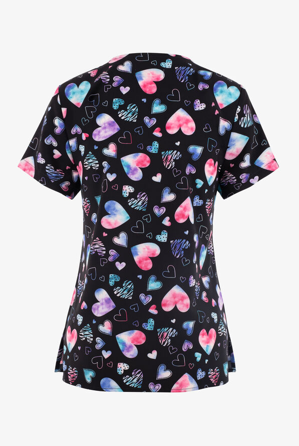 White Cross Heart Mix Tie Dye Women's 2-Pocket STRETCH V-Neck Print Scrub Top - null - 2