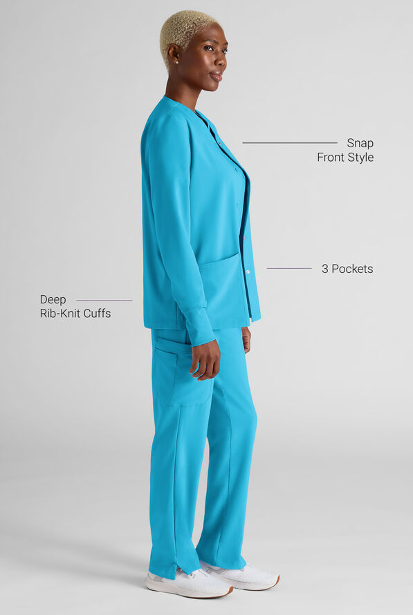 Easy STRETCH Rachel Women's 3-Pocket Snap Front Scrub Jacket - Turquoise - 3