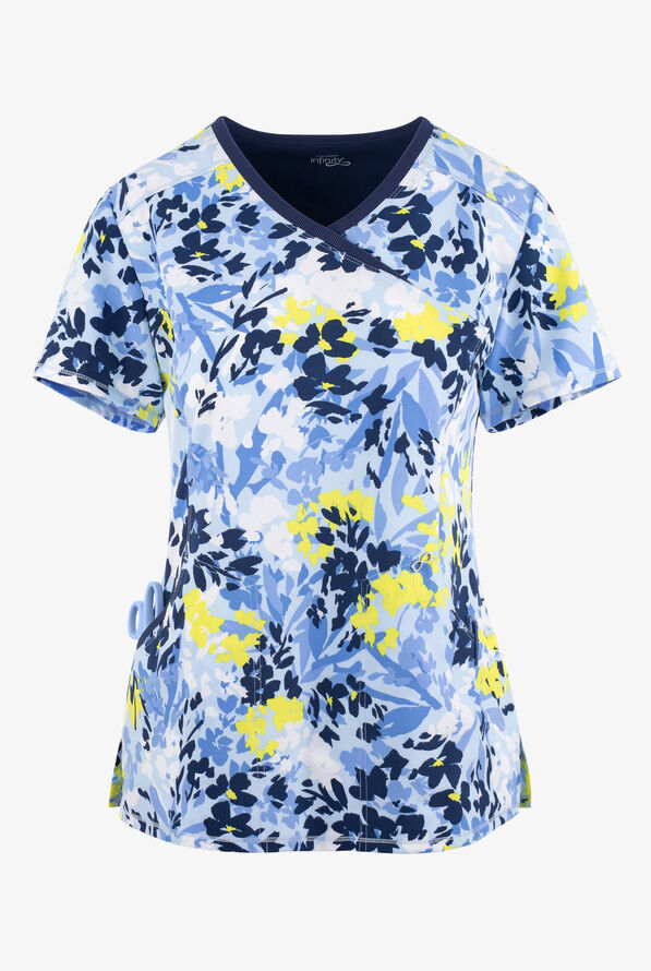 Infinity Brushstroke Buds Floral Women's 3-Pocket STRETCH Mock Wrap Print Scrub Top - null - 1