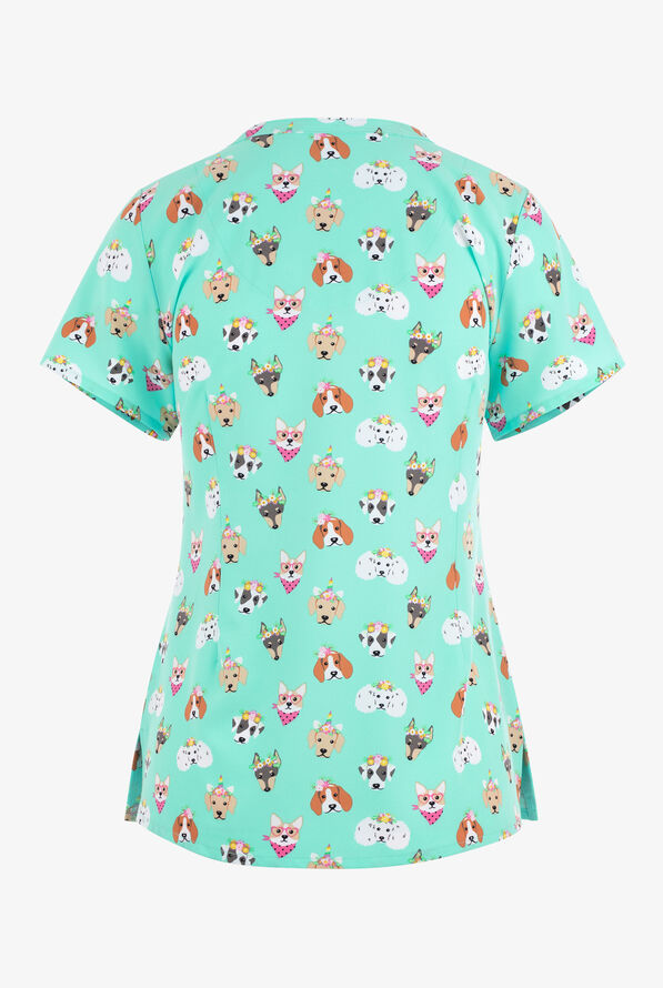 Maevn Picture Perfect Cats and Dogs Women's 3-Pocket STRETCH V-Neck Print Scrub Top - null - 2