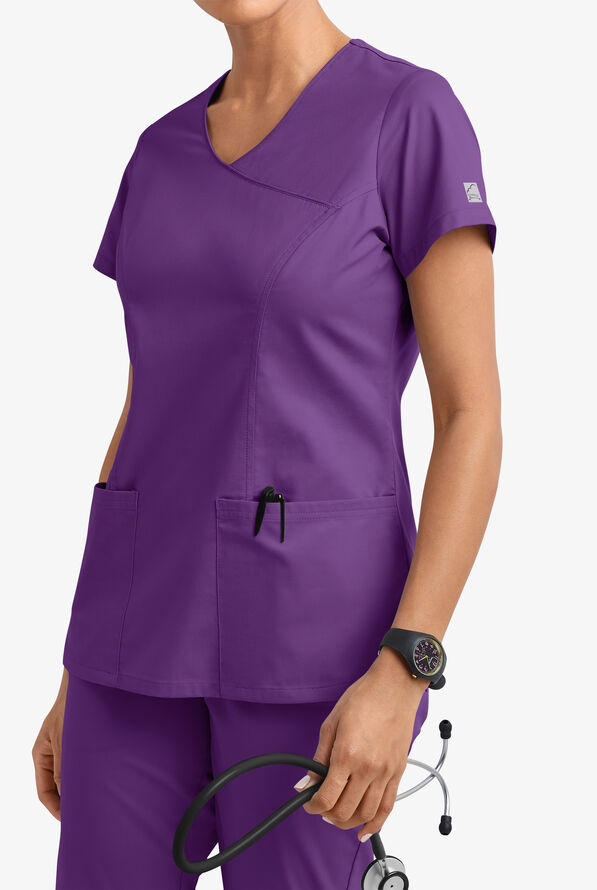 Butter-Soft STRETCH Women's 3-Pocket V-Neck Mock Wrap Scrub Top - Eggplant - 2