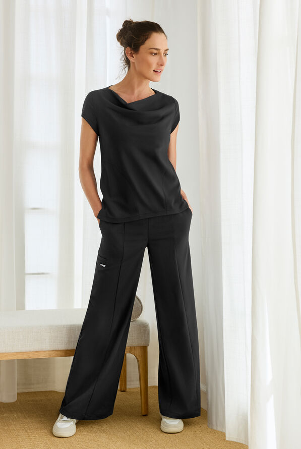 Grey's Anatomy by Barco Spandex STRETCH Marisol Women's 2-Pocket Cap Sleeve Cowl Neck Scrub Top - Black - 4