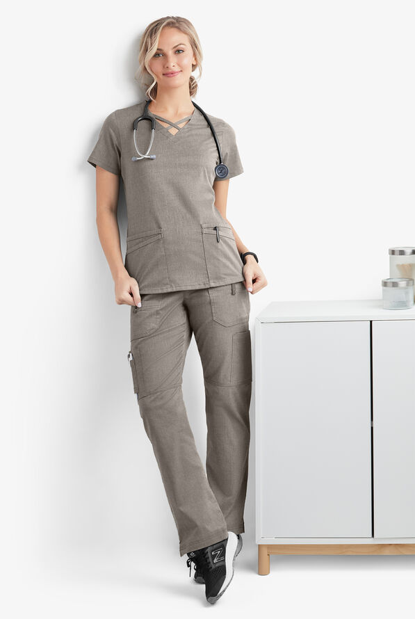Blusa m&eacute;dica UA Butter-Soft STRETCH con lazos entrecruzados y 4 bolsillos para mujer - Heather Grey - 6
