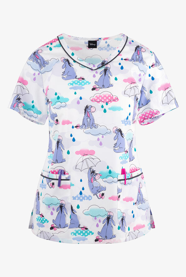 Tooniforms Eeyore Sunshower Women's 2-Pocket STRETCH V-Neck  Print Scrub Top - null - 1