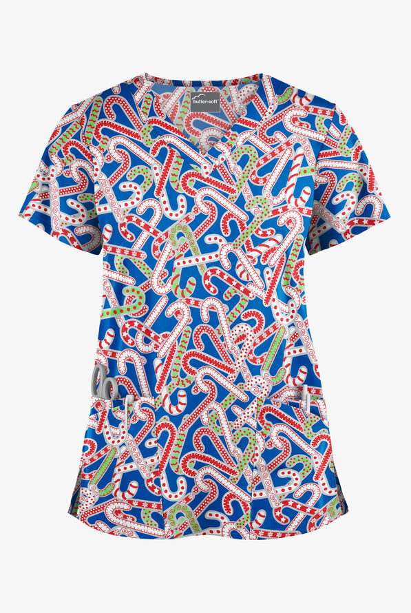 Butter-Soft Noel Candy Canes Royal Women's 4-Pocket Rounded V-Neck Print Scrub Top - null - 1
