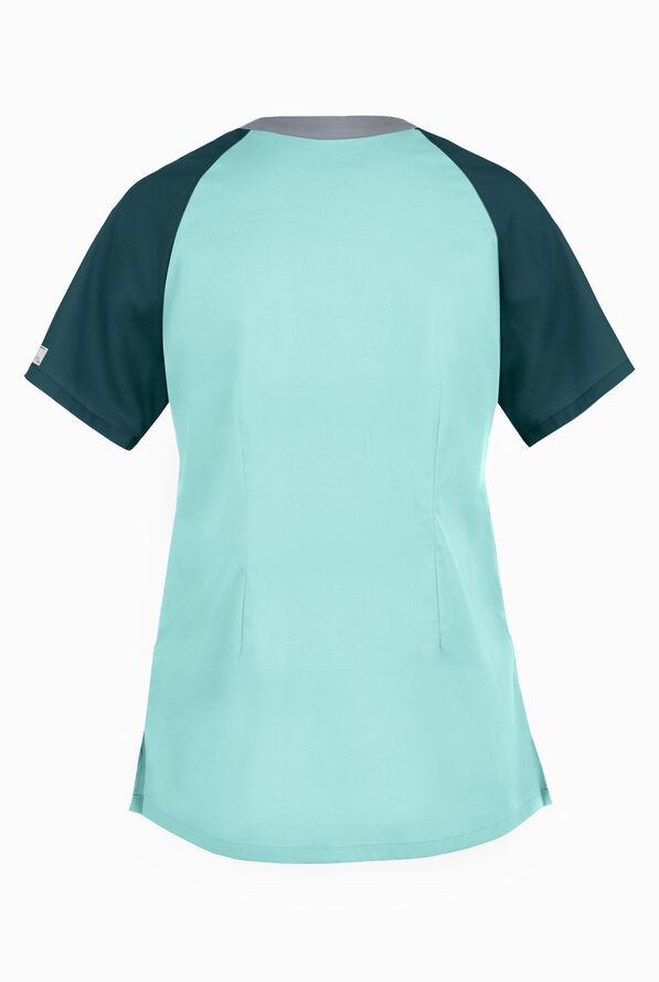Blusa m&eacute;dica UA Butter-Soft STRETCH Active con bloques de color y 5 bolsillos para mujer - Aqua Moon/Caribbean Blue/Silver - 2