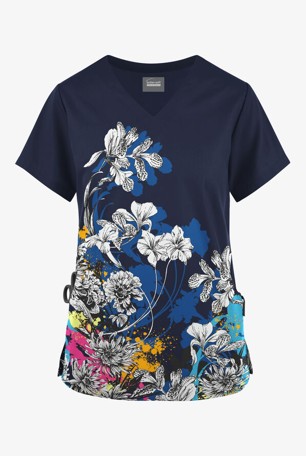 Blusa médica estampada Butter-Soft Originals Wildflowers Splash de corte clásico con cuello en V y 2 bolsillos para mujer - null - 1