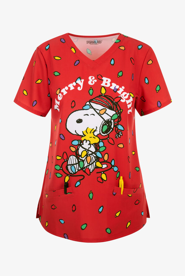 Blusa médica estampada FUNSCRUBS Peanuts Snoopy Christmas STRETCH con cuello en V y 2 bolsillos para mujer - null - 1
