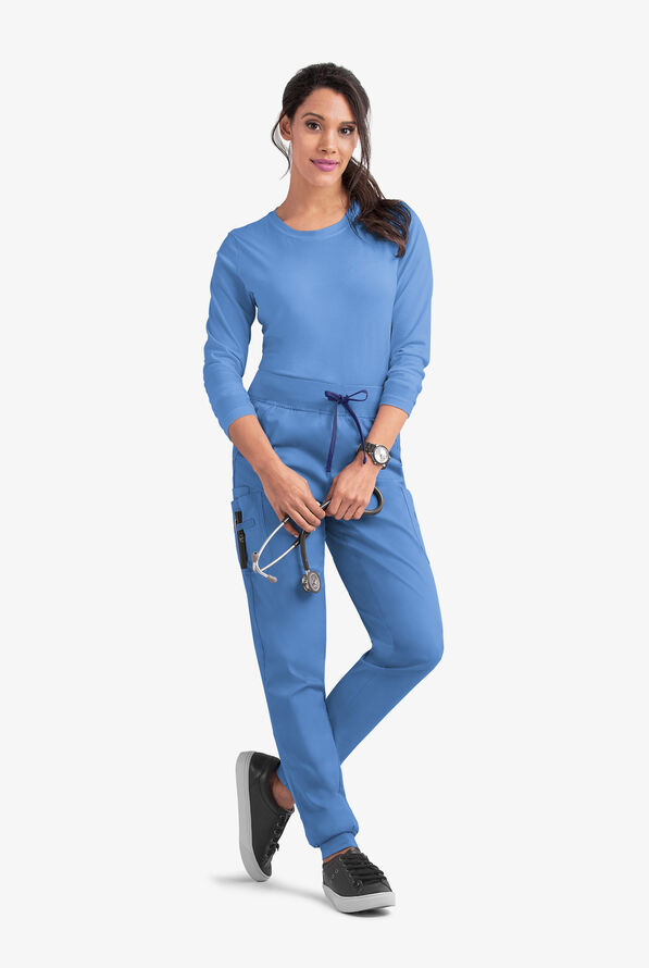 Butter-Soft STRETCH Women's 5-Pocket Contrast Trim Drawstring Cargo Scrub Pants - Ceil/Galaxy - 3