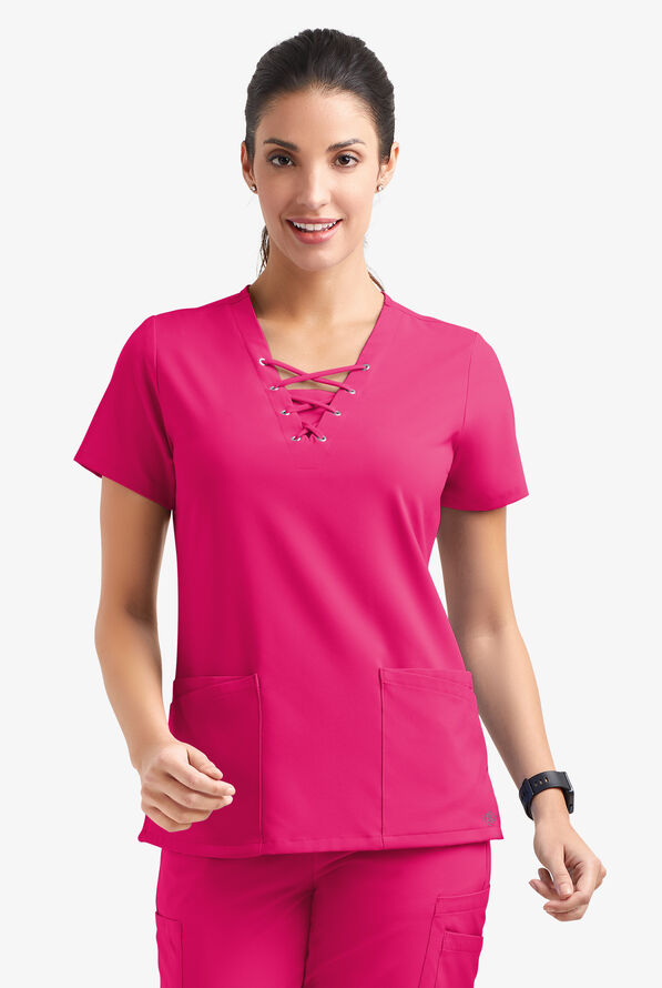 Easy STRETCH Gisele Women's 4-Pocket Lace Up V-Neck Scrub Top - Flirt - 2