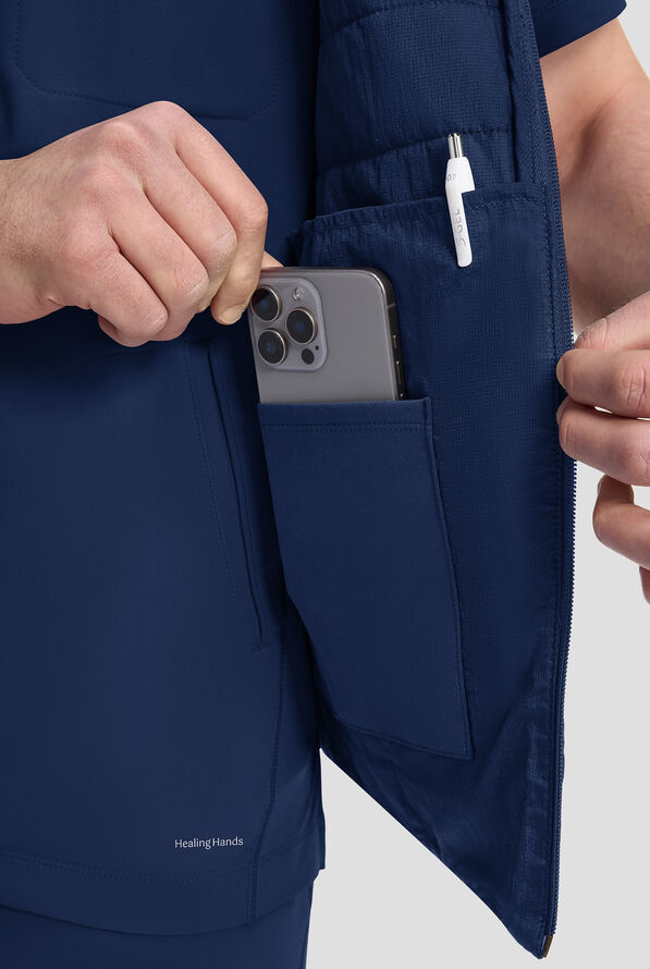 Healing Hands Purple Label Cade Men's 4-Pocket STRETCH Zip Front Scrub Vest - Navy - 3