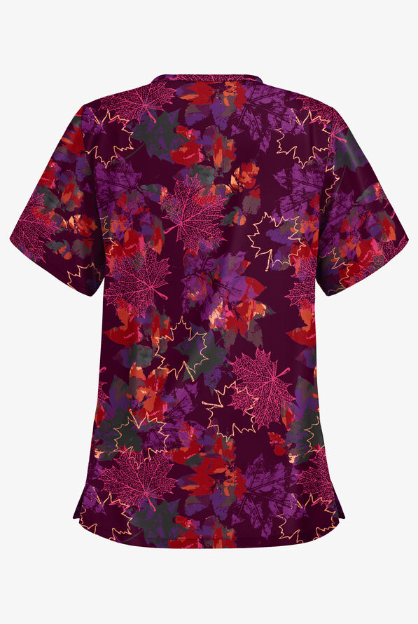 Butter-Soft Autumn Park Wine Women's 2-Pocket V-Neck Print Scrub Top - null - 2