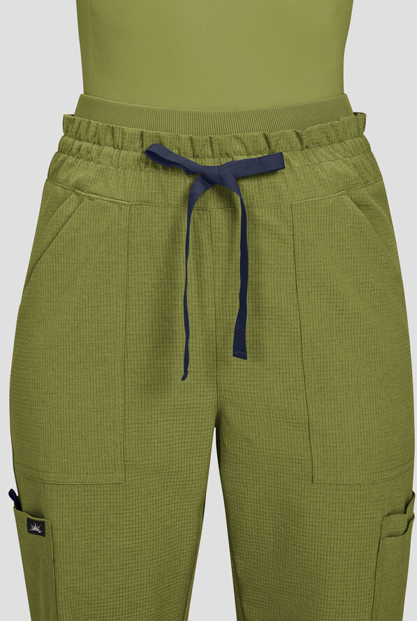 koi Solis Freda Women's 8-Pocket STRETCH Rib-Knit Double Waist Straight Leg Cargo Scrub Pant - Martini Olive - 2
