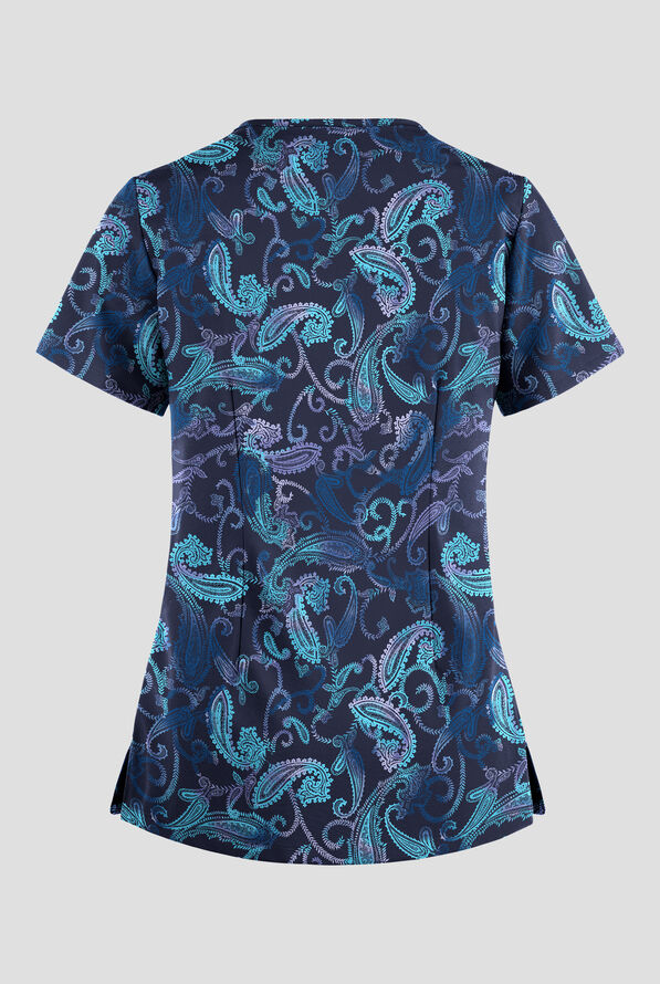Tafford Active STRETCH Paisley Tie Dye Navy Women's 4-Pocket Lace Up V-Neck Print Scrub Top - null - 2