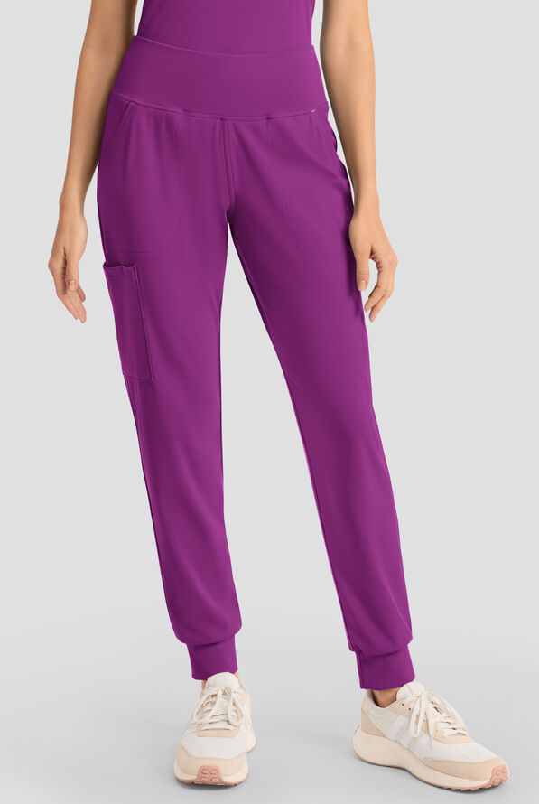 Cherokee Achieve Women's 5-Pocket STRETCH Cargo Jogger Knit Scrub Pants - Petite - Wild Mulberry - 1