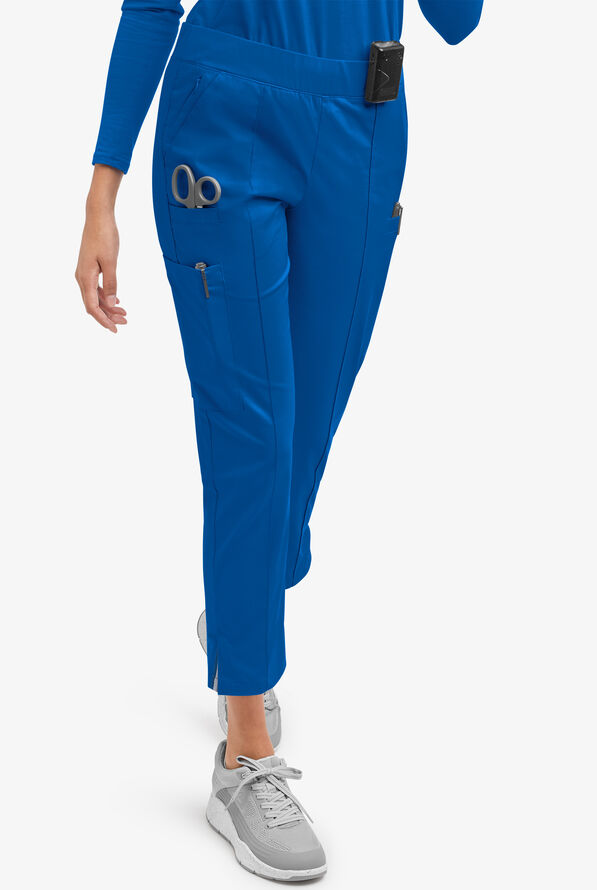 Butter-Soft STRETCH Women's 6-Pocket Pin-Tuck Crop Slim with Sport Trim Detail Scrub Pants - Royal/Silver Melange - 1