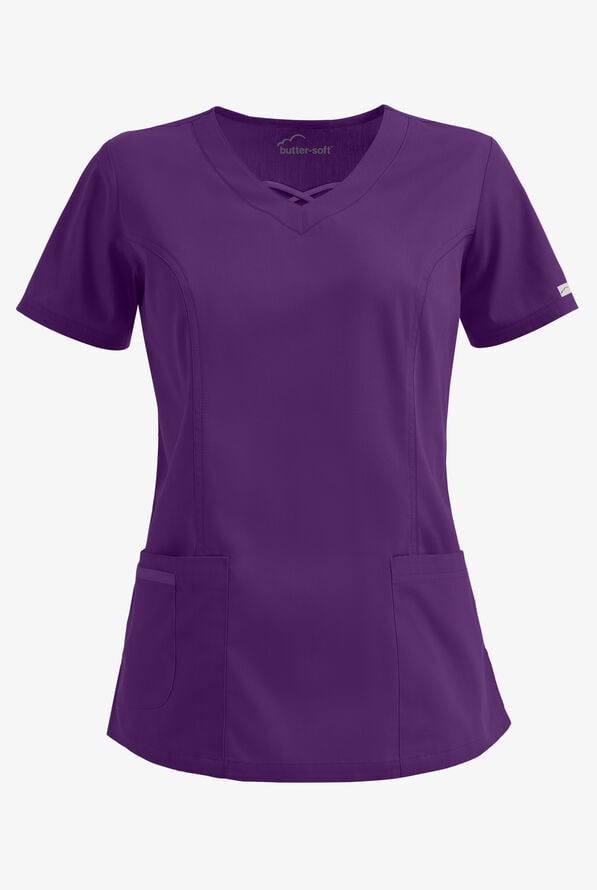 Butter-Soft Core Women's 3-Pocket Crisscross V-Neck Scrub Top - Eggplant - 1