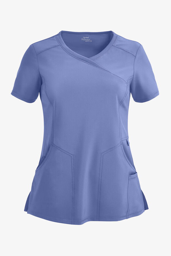 Infinity Women's 4-Pocket STRETCH Mock Wrap Scrub Top - Ceil Blue - 1