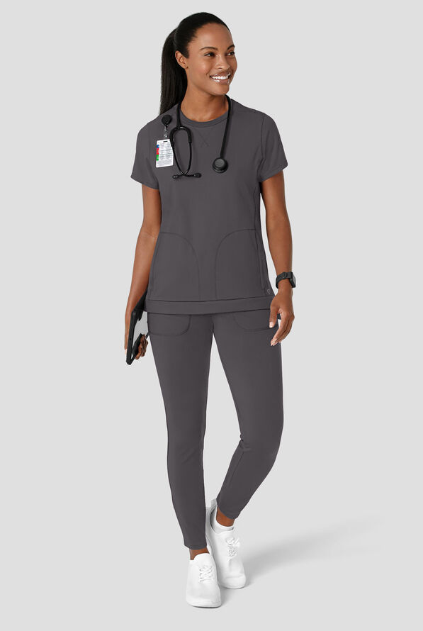 Wink Renew Knit Women's 2-Pocket STRETCH Rib-Knit Crew Neck Scrub Top - Pewter - 2