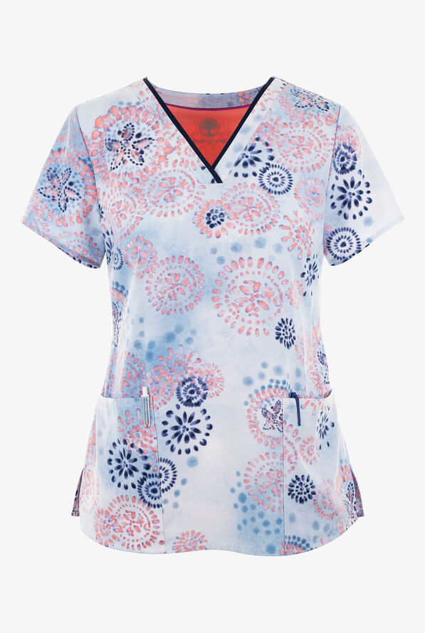 Healing Hands Mystic Watercolor Floral Medallions Women's 3-Pocket STRETCH V-Neck Print Scrub Top - null - 1
