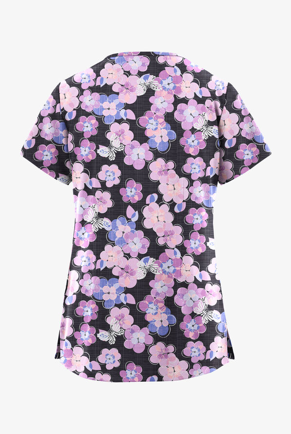 Butter-Soft STRETCH Blooms And Butterflies Pewter Women's 3-Pocket V-Neck Mock Wrap Print Scrub Top - null - 2