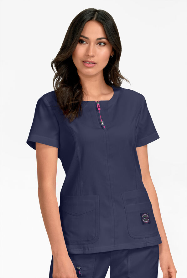 koi Lite™ Serenity Women's 4-Pocket Double Zipper Scrub Top - Navy - 2