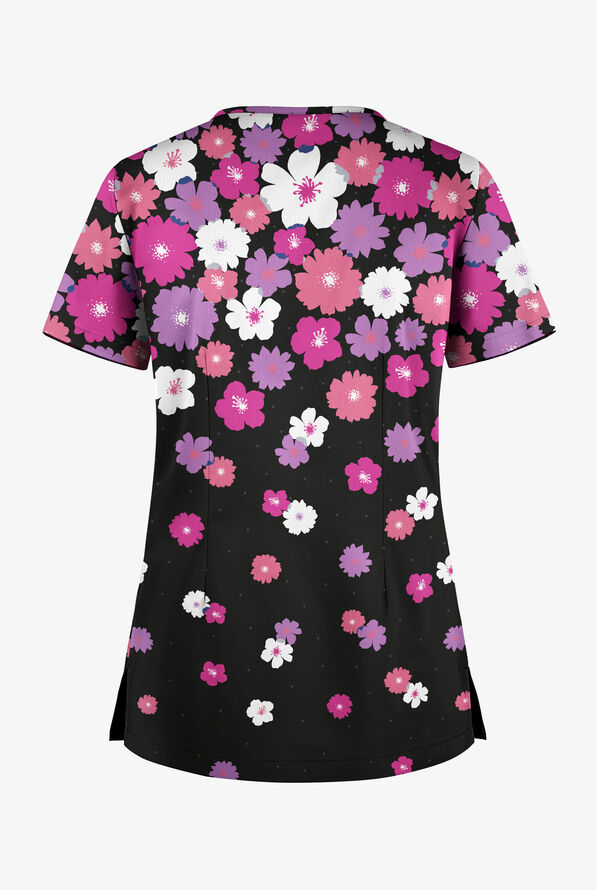 Butter-Soft STRETCH Floating Flowers Women's 1-Pocket Tuck-In V-Neck Print Scrub Top - null - 2