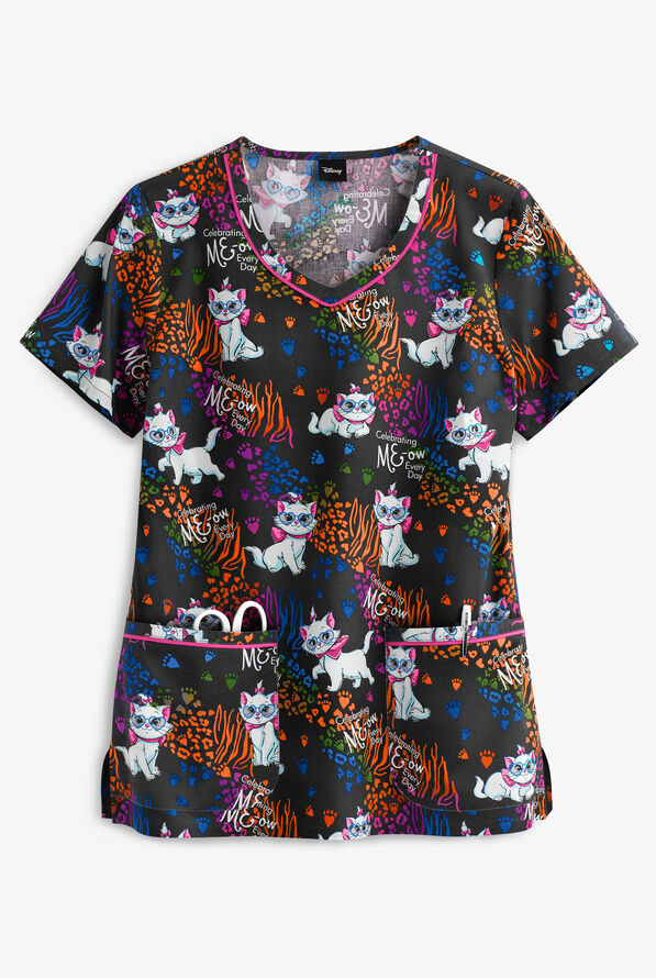 Cherokee Tooniforms Disney Celebrating Meow Women's 2-Pocket V-Neck Print Scrub Top - null - 1