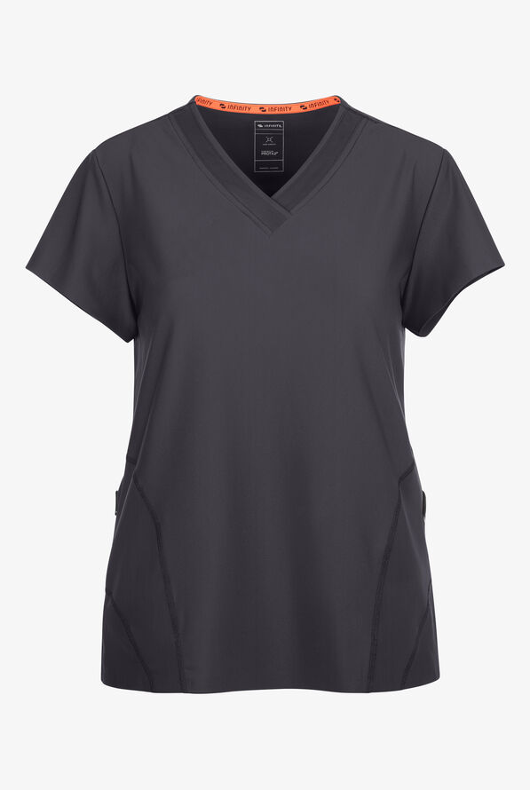 Infinity GNR8 Kinetic Knit Women's 2-Pocket STRETCH Mesh Overlay V-Neck Scrub Top - Pewter - 1