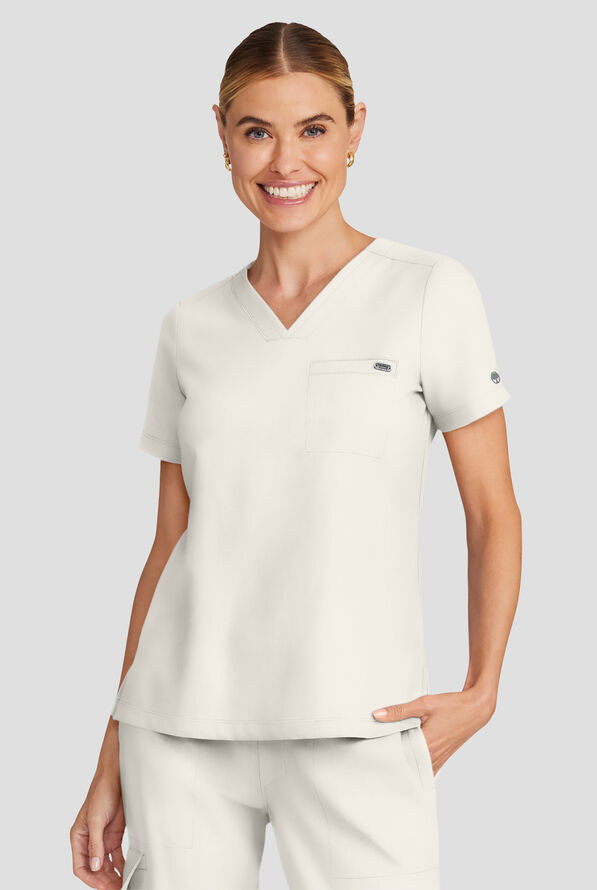 Healing Hands Quest Women's 1-Pocket STRETCH Tuck In V-Neck Scrub Top - White Gardenia - 2