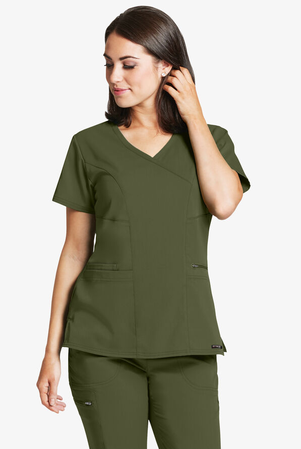 Blusa m&eacute;dica Grey&rsquo;s Anatomy Spandex Stretch estilo cruzado con 3 bolsillos para mujer - Olive - 2