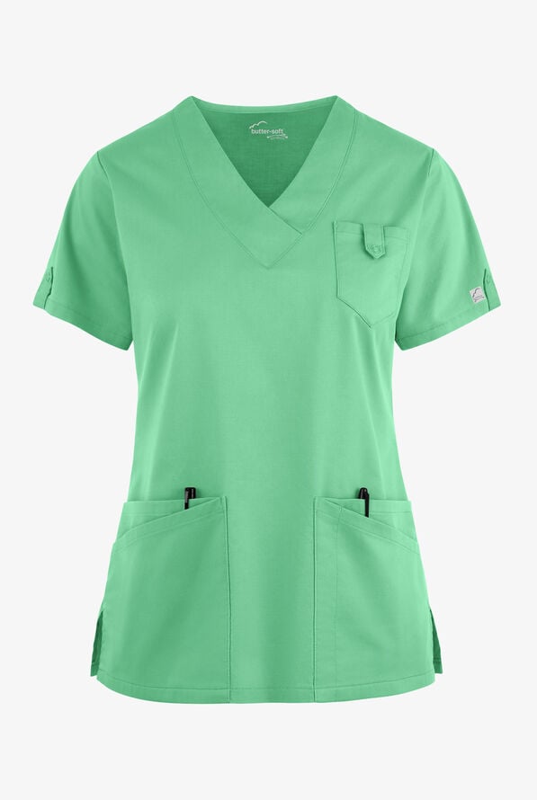 Butter-Soft STRETCH Women's 6-Pocket V-Neck Scrub Top - Green Jade - 1
