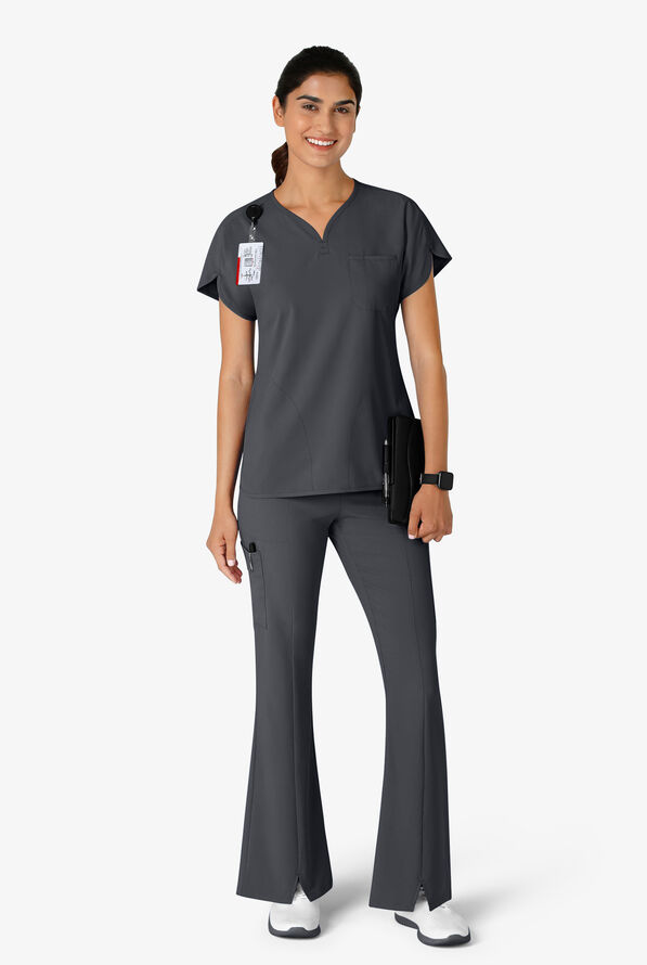 Wink Renew Women's 7-Pocket STRETCH Yoga Waist Flare Notch Leg Cargo Scrub Pants - Pewter - 4