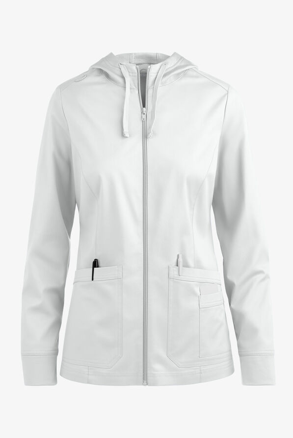 Butter-Soft STRETCH Women's 3-Pocket Zip-Front with Cozy Knit Hood and Trim Scrub Jacket - White - 1
