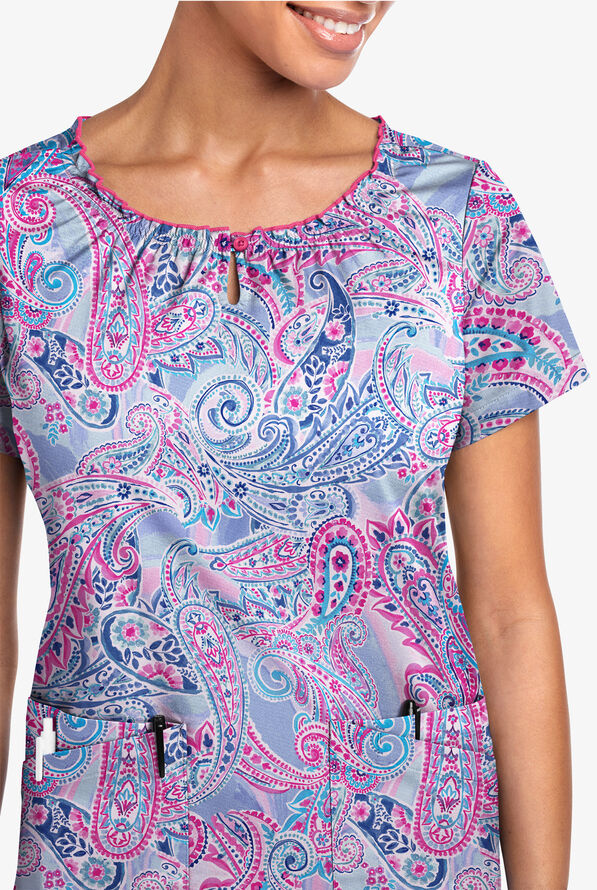 Butter-Soft STRETCH Paisley Romance Fuchsia Women's 6-Pocket Peasant Style Print Scrub Top - null - 2