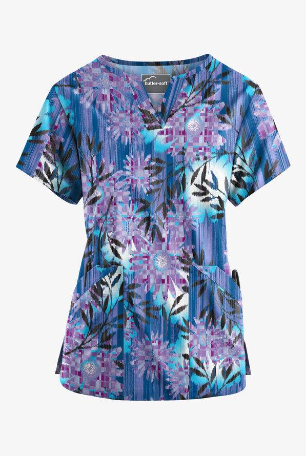 Butter-Soft Monaco Floral Royal Notch-Neck Women's 4-Pocket Print Scrub Top - null - 1