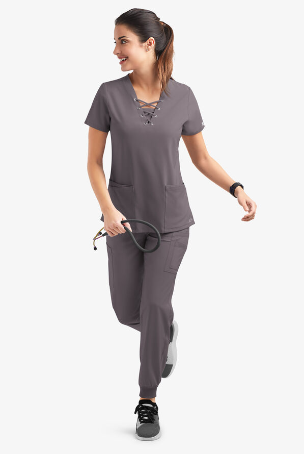 Easy STRETCH Gisele Women's 4-Pocket Lace Up V-Neck Scrub Top - Grey Stone - 6