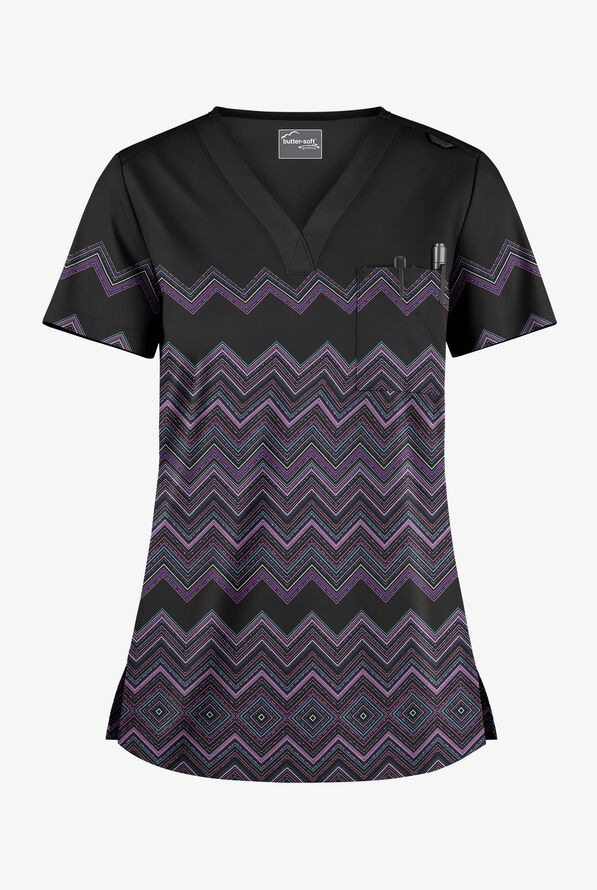 Blusa médica estampada Butter-Soft STRETCH Zig Zag Stipes Black con cuello en V y 1 bolsillo para mujer - null - 1