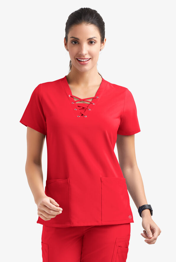 Blusa médica Easy STRETCH Gisele con cordones en el cuello en V y 5 bolsillos para mujer - Atomic Red - 2