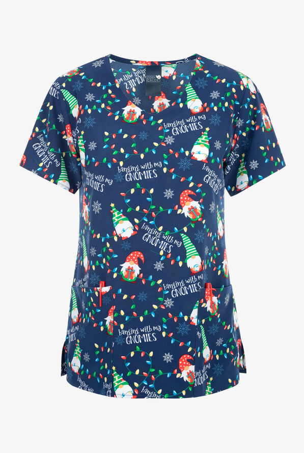 Zoe & Chloe Gnome Alone Women's 2-Pocket STRETCH V-Neck Print ScrubTop - null - 1