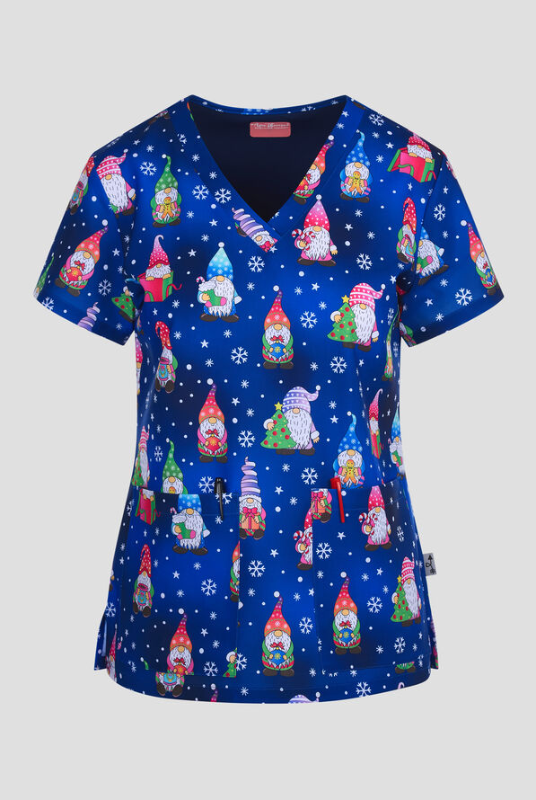 Zavate Ava Therese Holiday Gnomes Women's 2-Pocket STRETCH V-Neck Print Scrub Top - null - 1