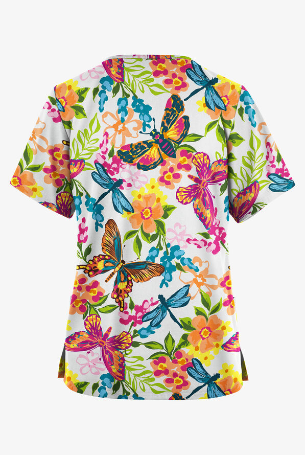 Butter-Soft Originals Summer Garden White Women's 2-Pocket V-Neck Print Scrub Top - null - 2