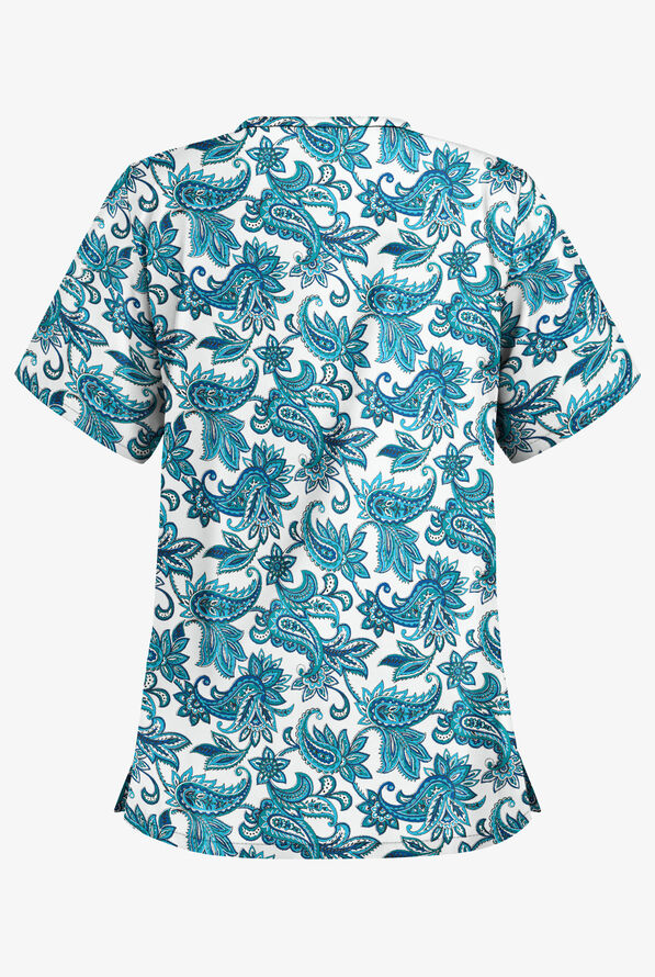 Butter-Soft Baku White Paisley Women's 2-Pocket V-Neck Print Scrub Top - null - 2