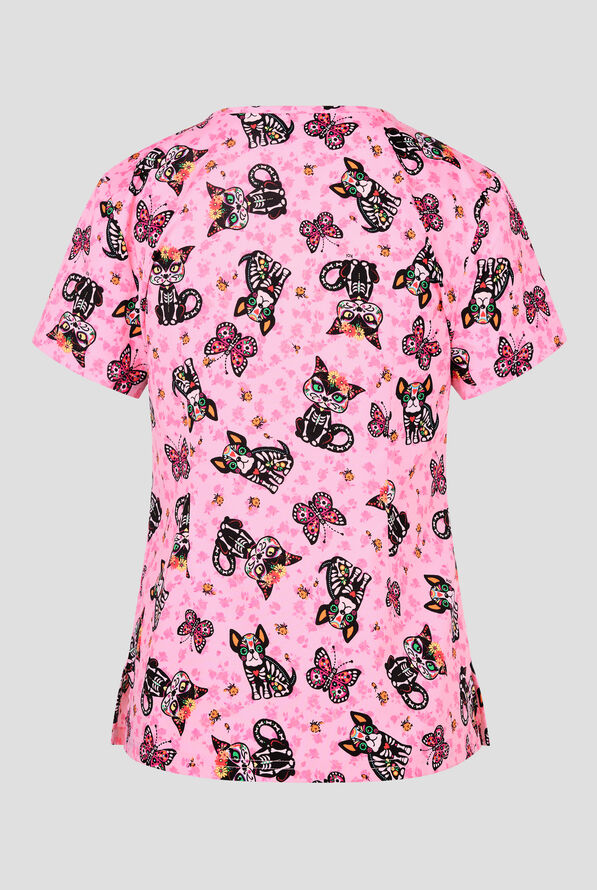 koi Basics Sugar Skull Cuties Women's 2-Pocket STRETCH V-Neck Print Scrub Top - null - 2