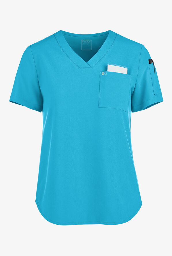 Easy STRETCH Chloe Women's 3-Pocket V-Neck Tuck-In Scrub Top - Turquoise - 1