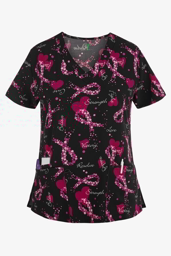 Green Town Hope and Love Breast Cancer Ribbon Women's 3-Pocket V-Neck Print Scrub Top - null - 1