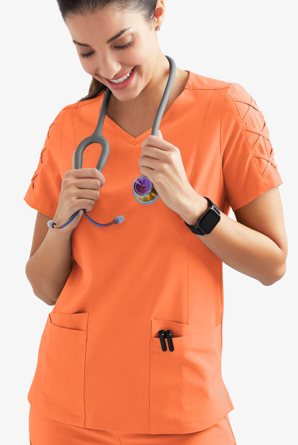 Easy STRETCH Kylie Woman's 5 Pocket V-Neck With Criss-Cross Detail Scrub Top - Coral Sunset - 3